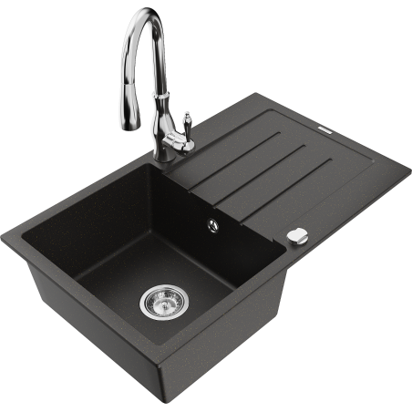 Mexen Bruno žulový kuchynský drez s 1 komorou, odkvapkávačom a kuchynskou batériou Savita, čierny/zlatý metalický