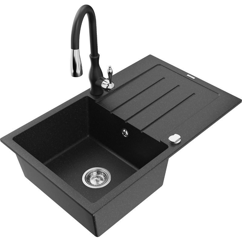 Mexen Bruno jednokomorový granitový drez s odkvapkávačom a kuchynskou batériou Savita, čierny/strieborný metalik