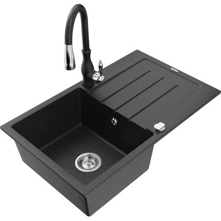 Mexen Bruno jednokomorový granitový drez s odkvapkávačom a kuchynskou batériou Savita, čierny/strieborný metalik