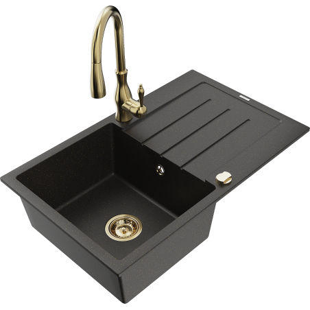 Mexen Bruno granitový drez s 1 komorou, odkvapkávačom a kuchynskou batériou Savita, čiern/zlatý metalik