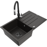 Mexen Bruno granitový drez s 1 komorou s odkvapkávačom a kuchynskou batériou Savita, čierny/zlatý metalik