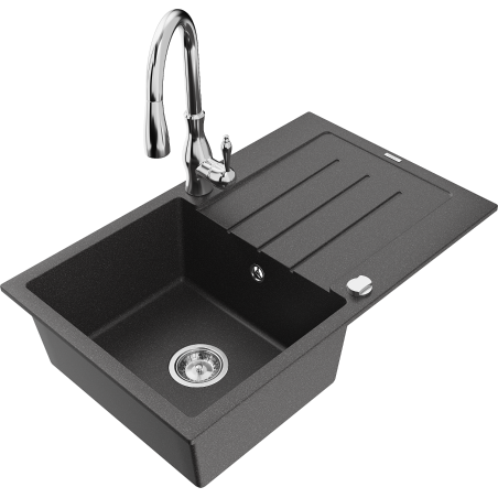 Mexen Bruno žulový drez s jednou komorou s odkvapkávačom a kuchynskou batériou Savita, čierny škvrnitý