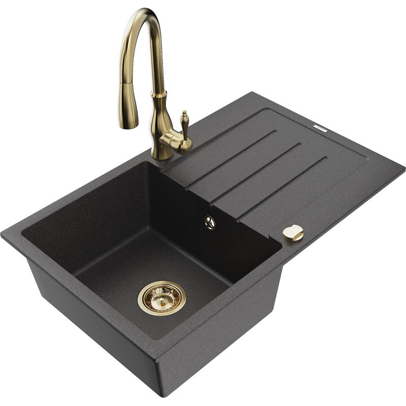 Mexen Bruno granitový 1-komorový drez s odkvapkávačom a kuchynskou batériou Savita, čierny škvrnitý - 6513-76-672601-50