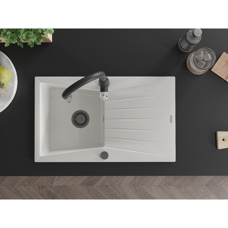 Mexen Cesar granitový drez 1-komorový s odkvapkávačom a kuchynskou batériou Savita, biely - 6514-20-672601-70