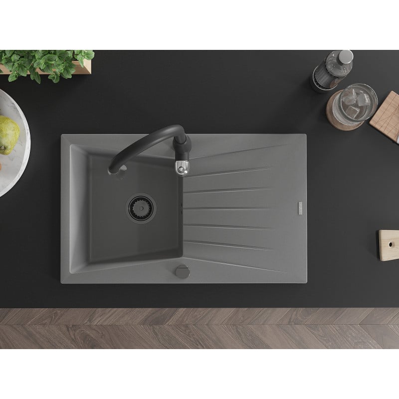 Mexen Cesar granitový drez s 1 komorou, odkvapkávačom a kuchynskou batériou Savita, sivý - 6514-71-672601-70-B