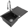Mexen Cesar granitový kuchynský drez 1-komorový s odkvapkávacou plochou a kuchynskou batériou Savita, čierny/strieborný