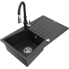Mexen Cesar Granitový kuchynský drez s 1 komorou, odkvapkávacou plochou a kuchynskou batériou Savita, čierny/strieborný