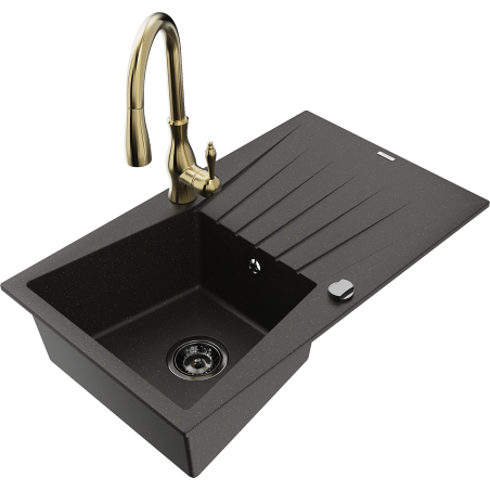 Mexen Cesar granitový drez s jednou komorou s odkvapkávaním a kuchynskou batériou Savita, čierno/zlatý metalický