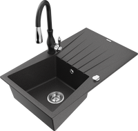 Mexen Cesar jednokomorový granitový drez s odkvapkávačom a kuchynskou batériou Savita, čierny bodkovaný