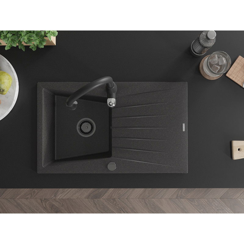 Mexen Cesar žulový drez 1-komorový s odkvapkávačom a kuchynskou batériou Savita, čierny škvrnitý - 6514-76-672601-70-B