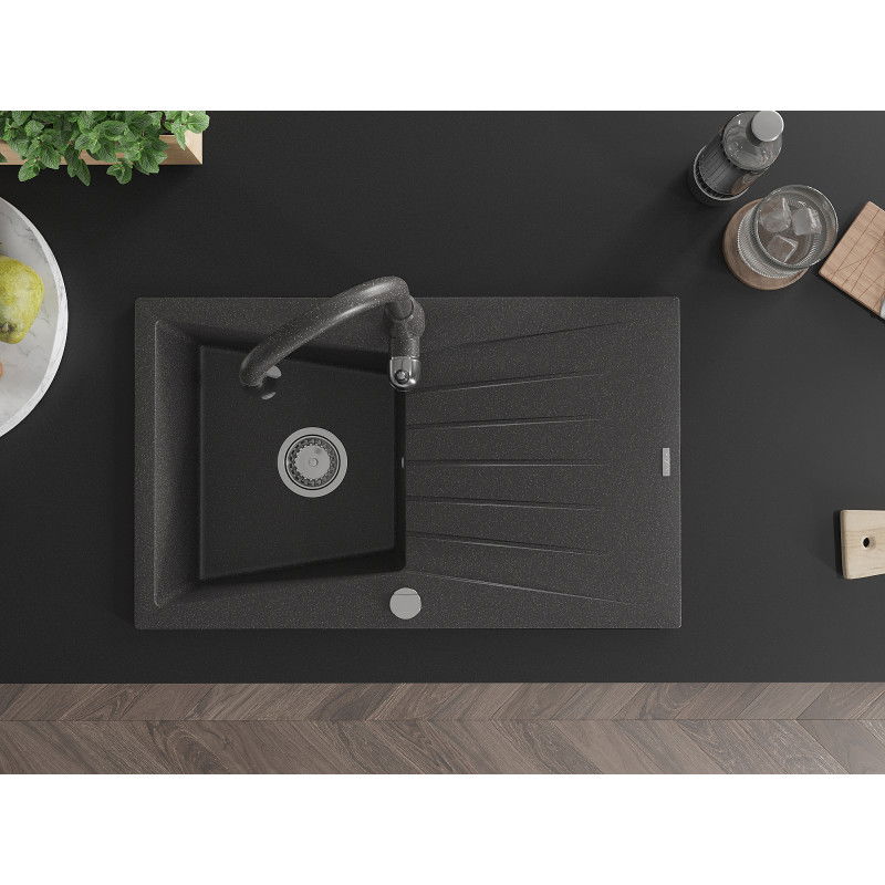 Mexen Cesar žulový drez s 1 komorou s odkvapkávačom a kuchynskou batériou Savita, čierny s kropkami - 6514-76-672601-76