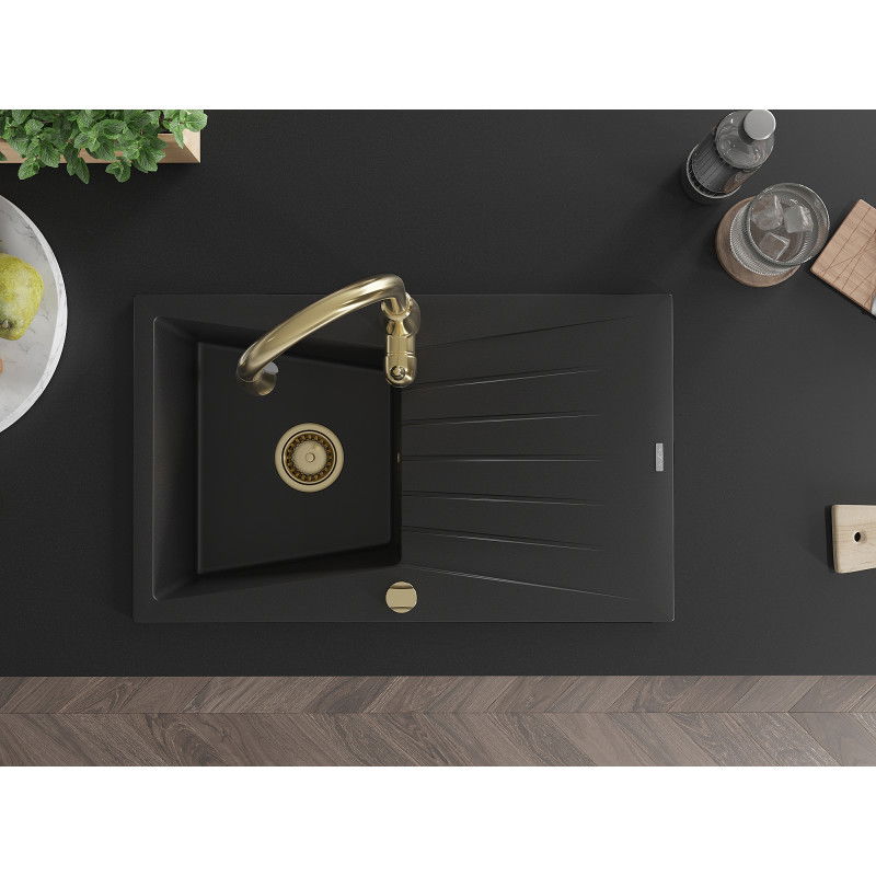 Mexen Cesar jednokomorový žulový drez s odkvapkávačom a kuchynskou batériou Savita, čierny - 6514-77-672601-50