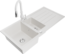 Mexen Andres žulový drez 1,5-komorový s odkvapkávačom a kuchynskou batériou Savita, biely - 6515-20-672601-20