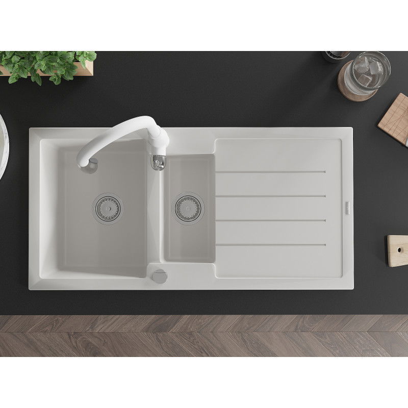 Mexen Andres žulový drez 1,5-komorový s odkvapkávačom a kuchynskou batériou Savita, biely - 6515-20-672601-20