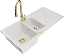 Mexen Andres kuchynský drez granitový 1,5-komorový s odkvapkávačom a kuchynskou batériou Savita, biely - 6515-20-672601-50