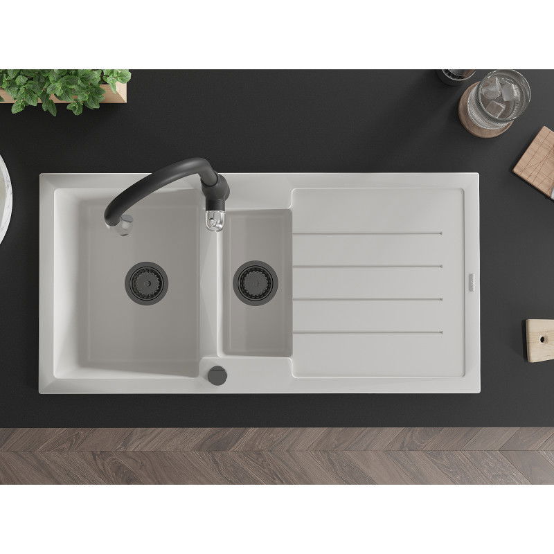 Mexen Andres granitový drez 1,5-komorový s odkvapkávačom a kuchynskou batériou Savita, biely - 6515-20-672601-70