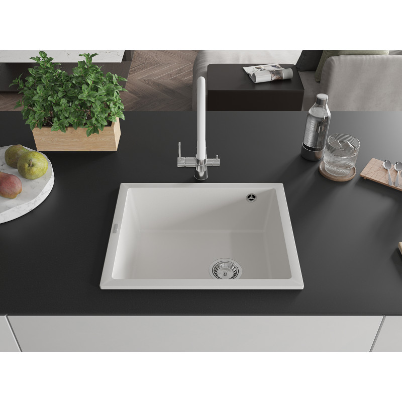 Mexen Pedro jednokomorový granitový drez 560 x 460 mm, biely, chrómový sifón - 6508561000-20