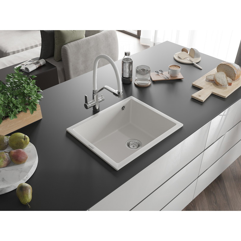Mexen Pedro jednokomorový granitový drez 560 x 460 mm, biely, chrómový sifón - 6508561000-20