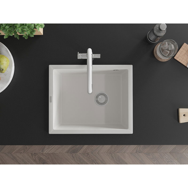 Mexen Pedro granitový drez 1-komorový 560 x 460 mm, biely, sifón chróm - 6508561000-20