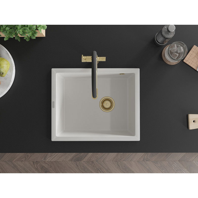 Mexen Pedro žulový drez 1-komorový 560 x 460 mm, biely, sifón zlatý - 6508561000-20-G