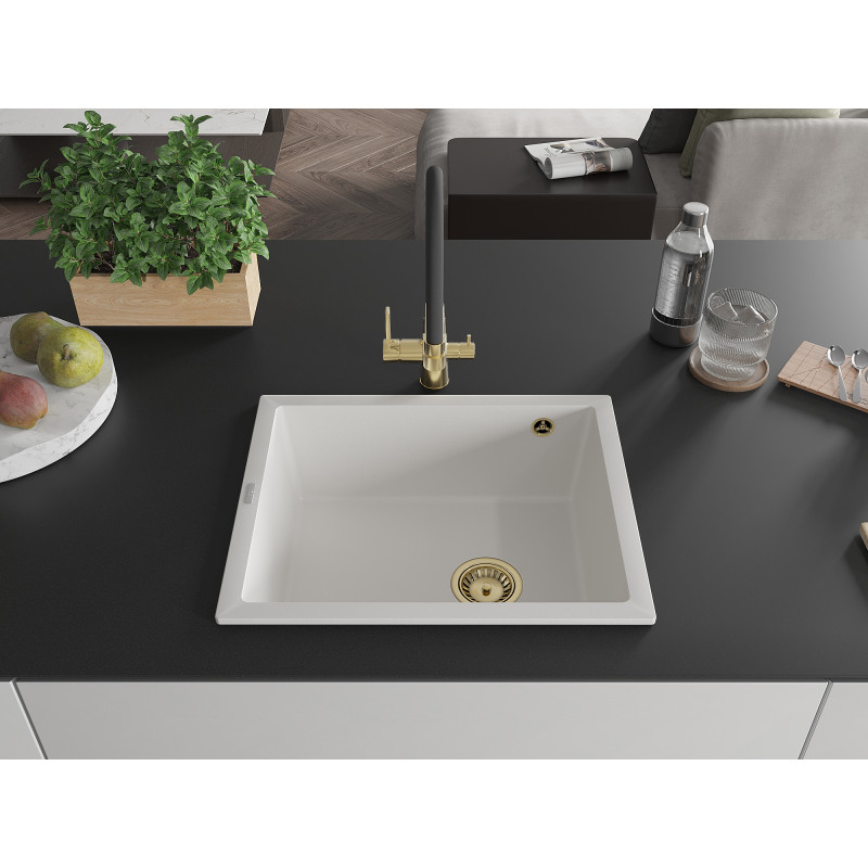 Mexen Pedro granitový drez 1-komorový 560 x 460 mm, biely, sifón zlatý - 6508561000-20-G