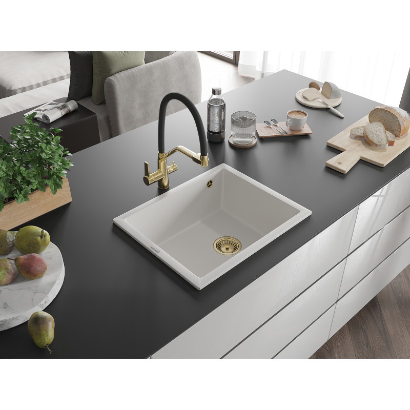 Mexen Pedro granitový drez 1-komorový 560 x 460 mm, biely, sifón zlatý - 6508561000-20-G