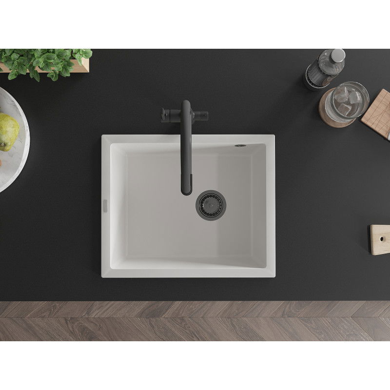 Mexen Pedro žulový drez 1-komorový 560 x 460 mm, biely, čierny sifón - 6508561000-20-B