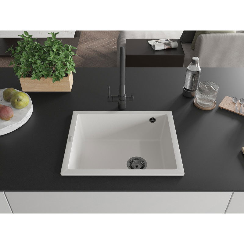 Mexen Pedro žulový drez 1-komorový 560 x 460 mm, biely, čierny sifón - 6508561000-20-B