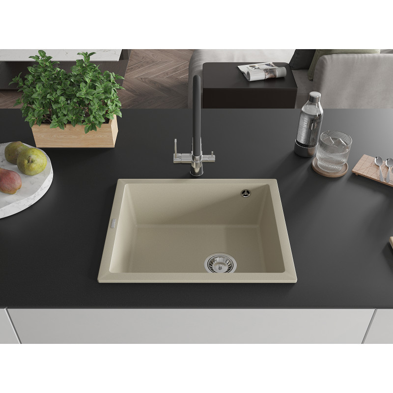 Mexen Pedro granitový drez s jednou komorou 560 x 460 mm, béžový, sifón chróm - 6508561000-69