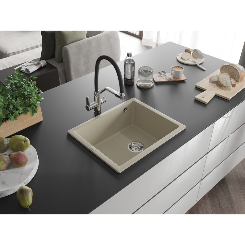 Mexen Pedro granitový drez s jednou komorou 560 x 460 mm, béžový, sifón chróm - 6508561000-69