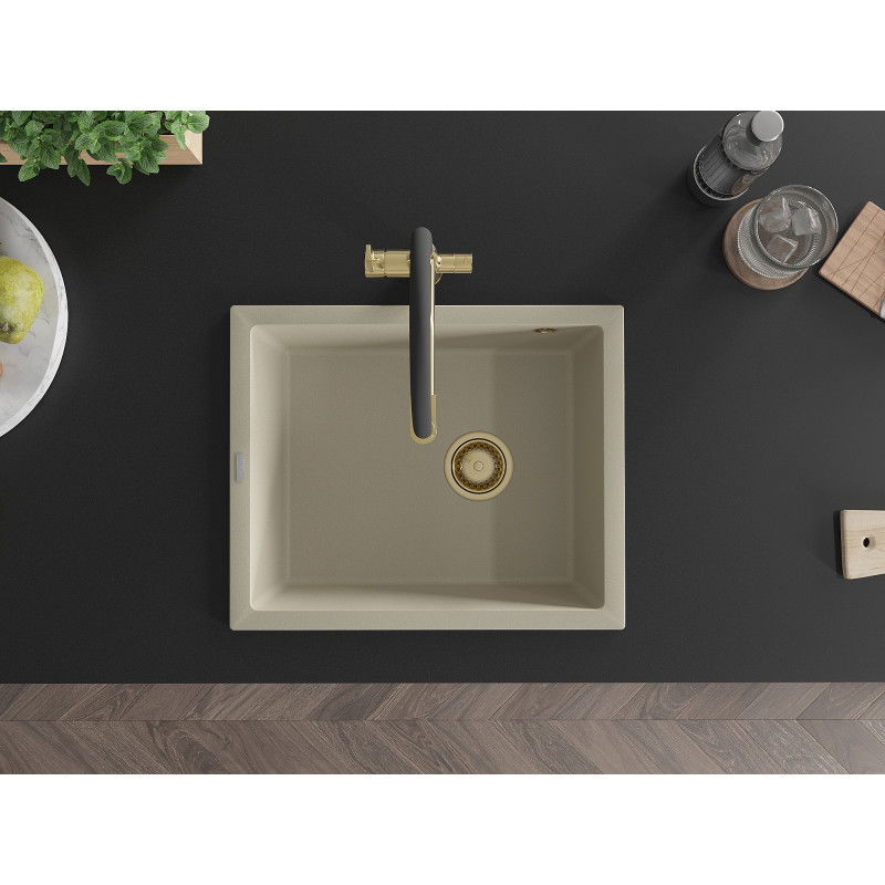 Mexen Pedro granitový drez 1-komorový 560 x 460 mm, béžový, zlatý sifón - 6508561000-69-G