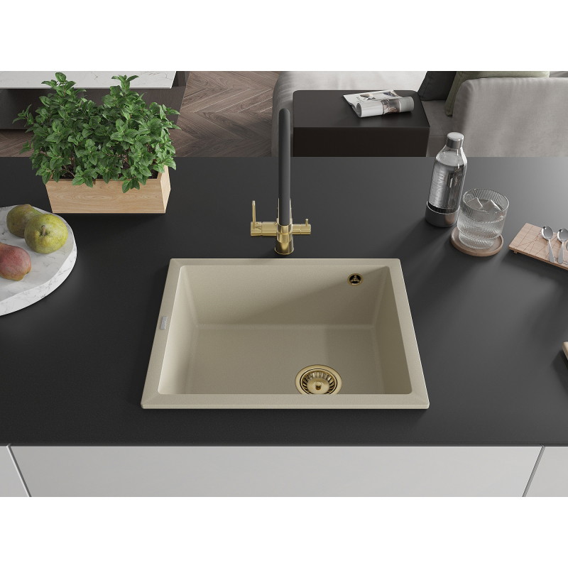 Mexen Pedro granitový drez s 1 komorou 560 x 460 mm, béžový, sifón zlatý - 6508561000-69-G