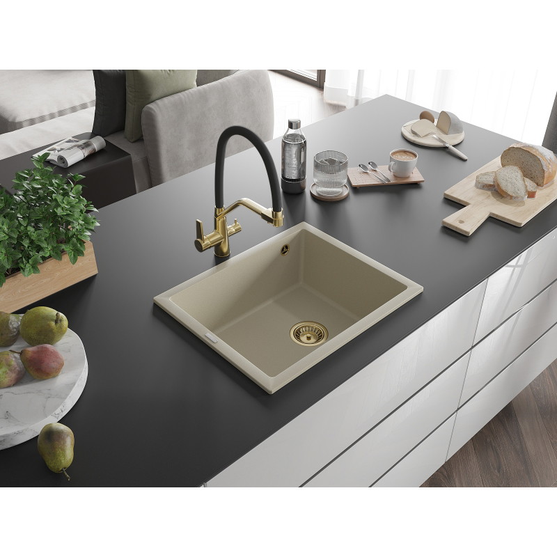 Mexen Pedro granitový drez s 1 komorou 560 x 460 mm, béžový, sifón zlatý - 6508561000-69-G