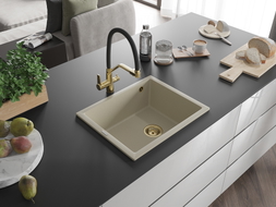 Mexen Pedro granitový drez s 1 komorou 560 x 460 mm, béžový, sifón zlatý - 6508561000-69-G
