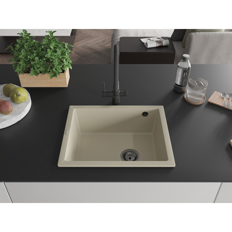 Mexen Pedro granitový drez s 1 komorou 560 x 460 mm, béžový, čierny sifón - 6508561000-69-B