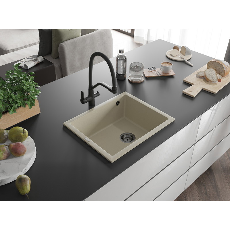 Mexen Pedro granitový drez s 1 komorou 560 x 460 mm, béžový, čierny sifón - 6508561000-69-B
