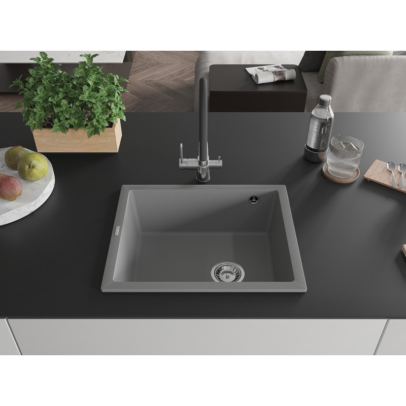 Mexen Pedro jednodrezový granitový drez 560 x 460 mm, sivý, chrómový sifón - 6508561000-71