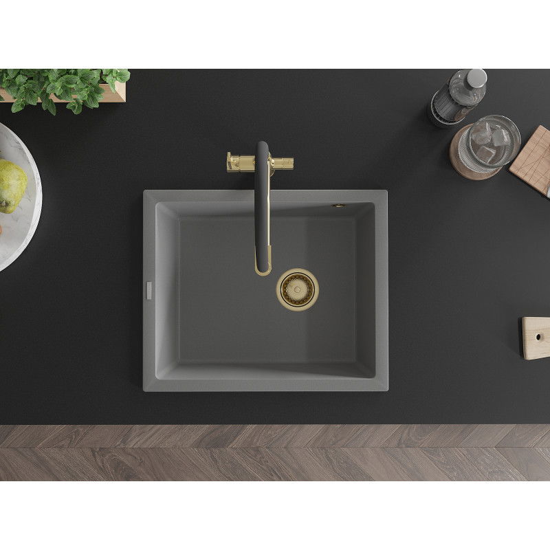 Mexen Pedro žulový drez 1-komorový 560 x 460 mm, sivý, zlatý sifón - 6508561000-71-G