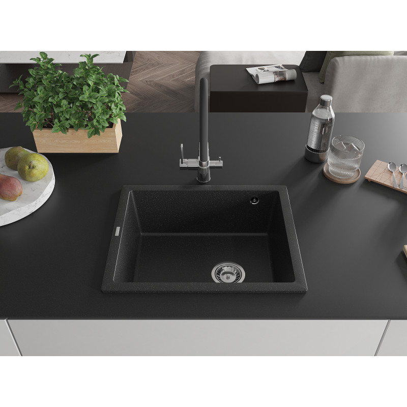 Mexen Pedro granitový drez 1-komorový 560 x 460 mm, čierny/strieborný metalik, sifón chróm - 6508561000-73
