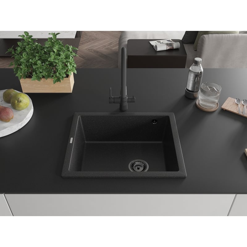 Mexen Pedro granitový drez s 1 komorou 560 x 460 mm, čierny/strieborný metalik, čierny sifón - 6508561000-73-B