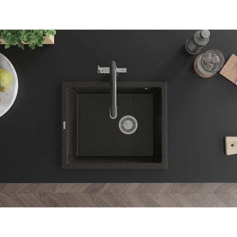 Mexen Pedro granitový kuchynský drez 1-komorový 560 x 460 mm, čierny/zlatý metalik, sifón chróm - 6508561000-75