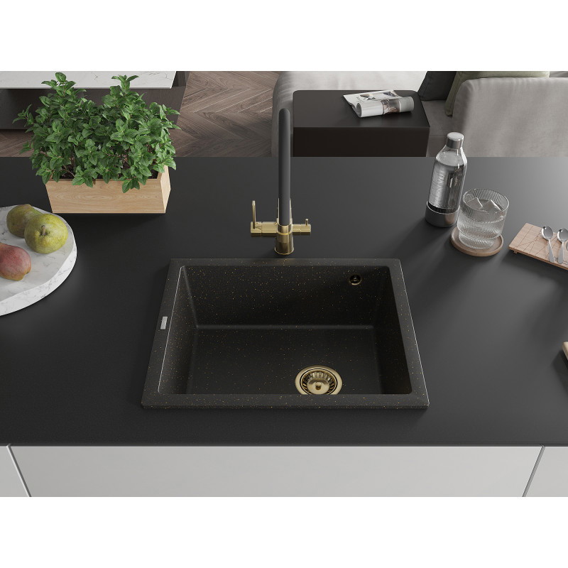 Mexen Pedro granitový drez 1-komorový 560 x 460 mm, čierny/zlatý metalický, zlatý sifón - 6508561000-75-G
