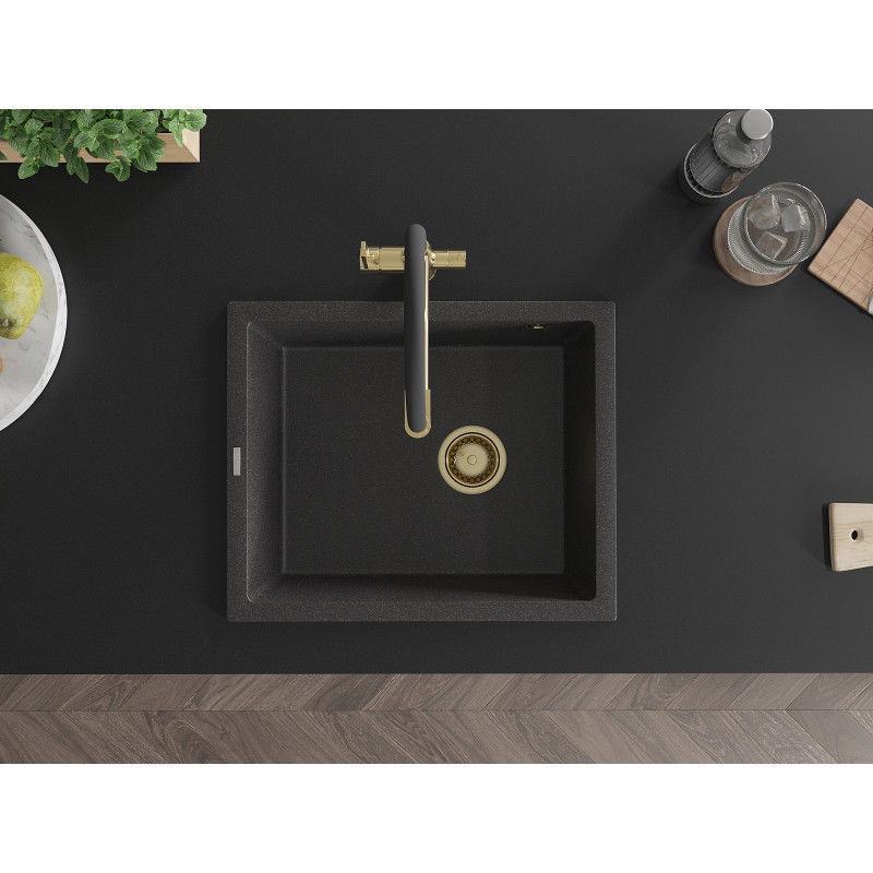 Mexen Pedro granitový kuchynský drez 1-komorový 560 x 460 mm, čierny škvrnitý, sifón zlatý - 6508561000-76-G