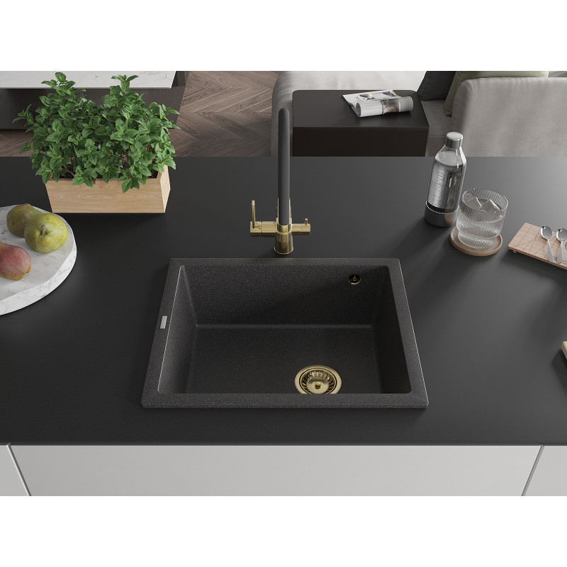 Mexen Pedro granitový drez 1-komorový 560 x 460 mm, čierny s bodkami, zlatý sifón - 6508561000-76-G