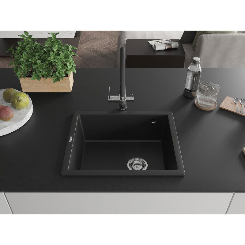 Mexen Pedro granitový kuchynský drez 1-komorový 560 x 460 mm, čierny, sifón chróm - 6508561000-77