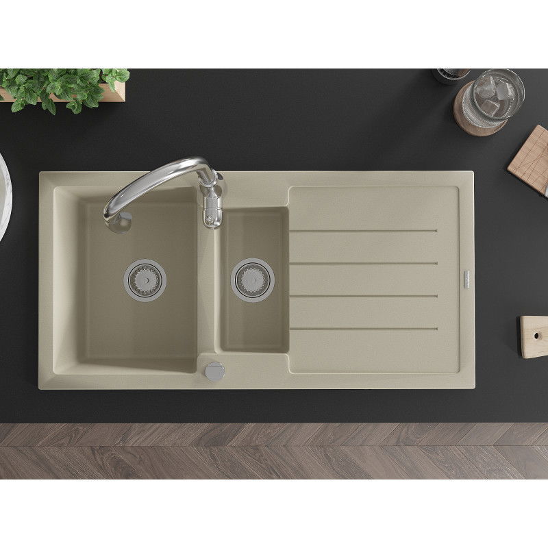 Mexen Andres žulový drez 1,5-komorový s odkvapkávacou plochou a kuchynskou batériou Savita, béžový - 6515-69-672601-00