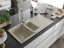 Mexen Andres žulový drez 1,5-komorový s odkvapkávacou plochou a kuchynskou batériou Savita, béžový - 6515-69-672601-00