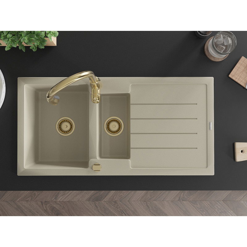 Mexen Andres žulový drez 1,5-komorový s odkvapkávačom a kuchynskou batériou Savita, béžový - 6515-69-672601-50