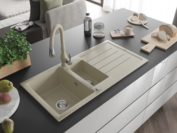 Mexen Andres žulový drez 1,5-komorový s odkvapkávačom a kuchynskou batériou Savita, béžový - 6515-69-672601-69