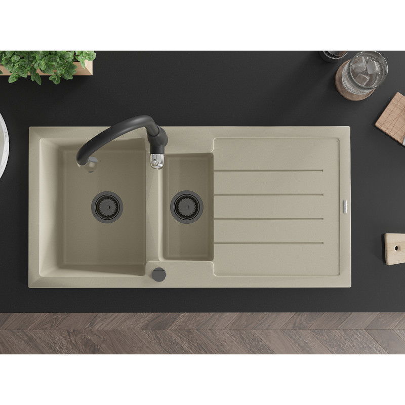 Mexen Andres žulový kuchynský drez 1,5-komorový s odkvapkávačom a kuchynskou batériou Savita, béžový - 6515-69-672601-70